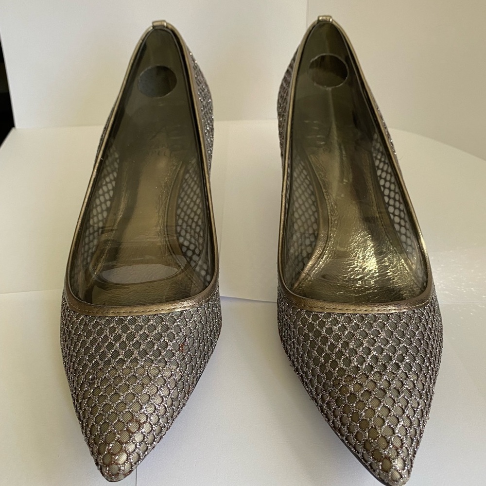 ADRIANNA PAPELL Womens Silver Fishnet Glitter Lois Slip On Leather